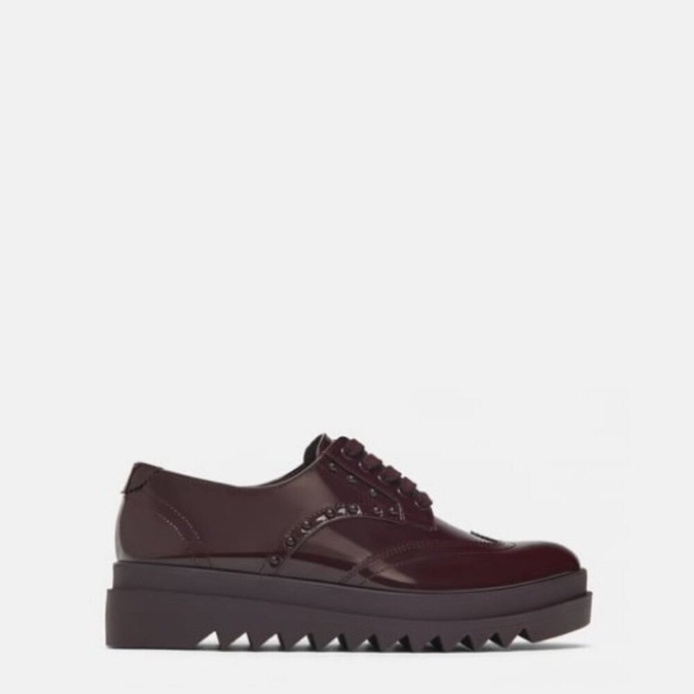 NWT Zara Platform Patent Faux Leather Derby Oxfords 38 7.5 Studs Burgundy Chunky